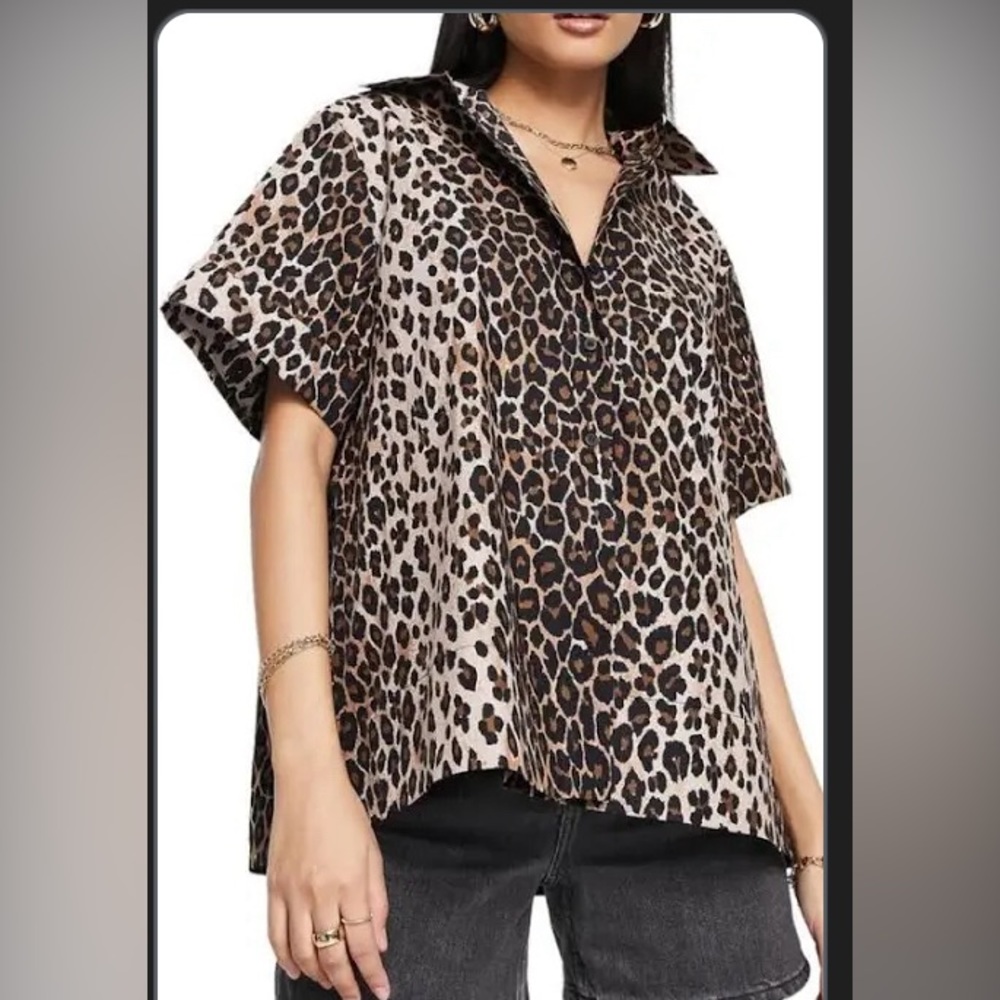 Topshop leopard print cotton button down shirt